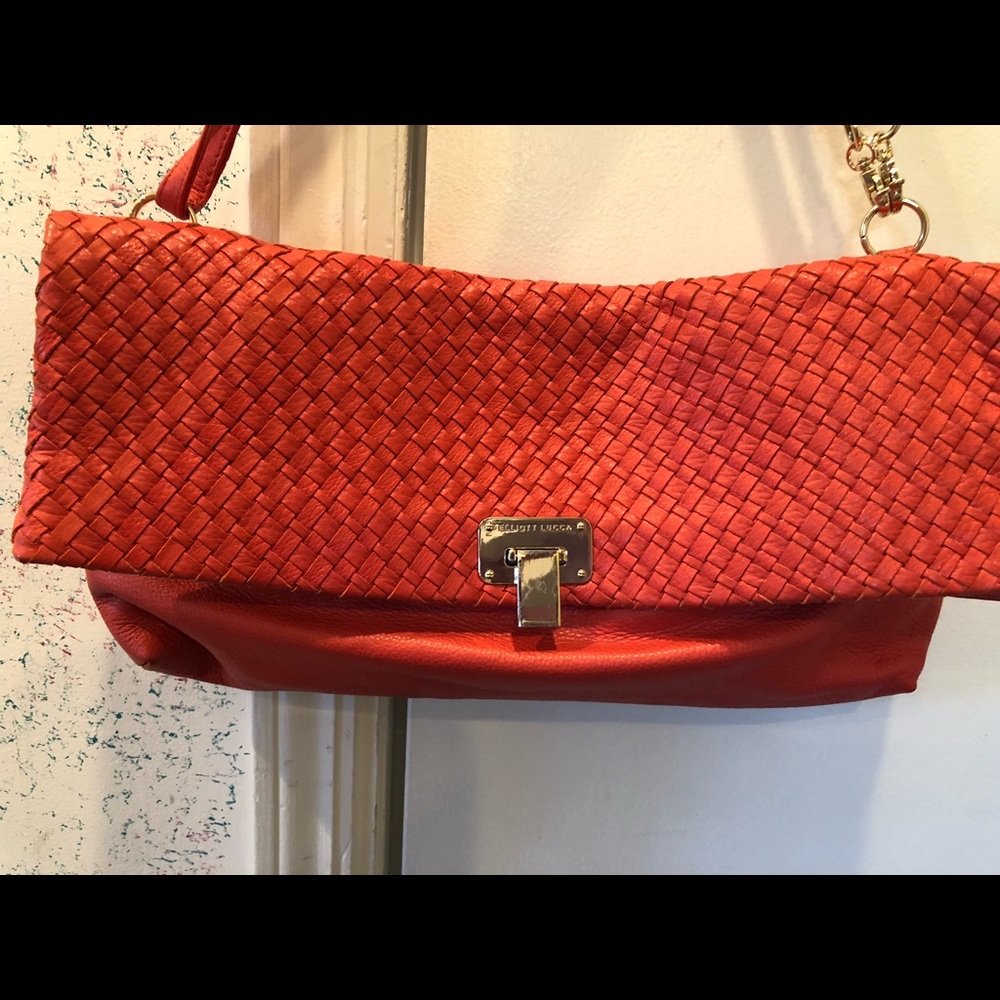 Orange/coral clutch with detachable shoulder strap